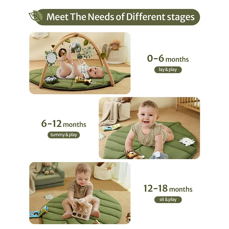 Baby Play Gym & Activity Mat, Leaf Shaped Baby Tummy Time Play Mat with 6 Detachable Toys, Promotes Motor Skills & Sensory Devel view 4