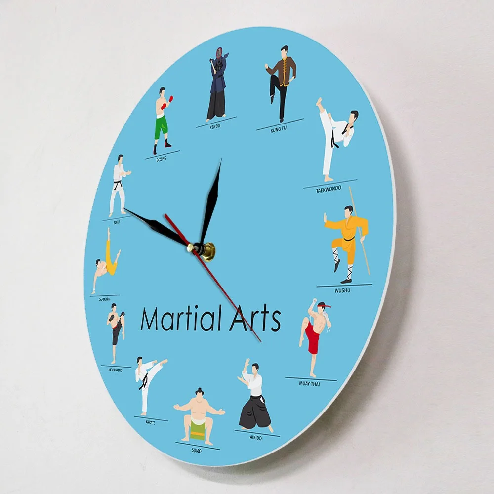 Creative Martial Arts Wall Clock - Judo Kickboxing Muay Thai Silhouette Art Dojo Decor Coach Athlete Gift
