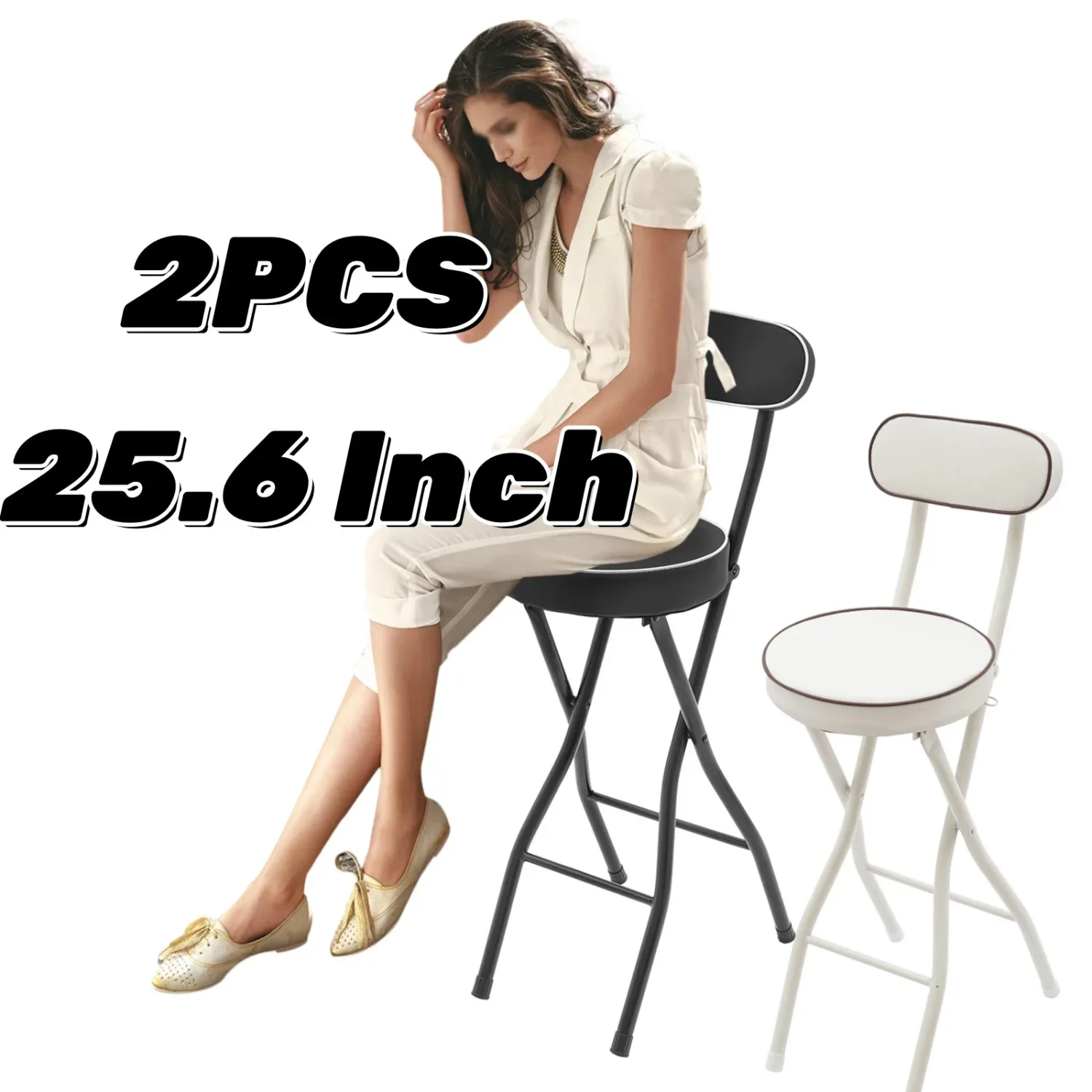 

Folding Bar Stool with Backrest Set of 2, White Modern Foldable Counter Tall Chairs , Portable Steel Frame 25.6" Height Stools