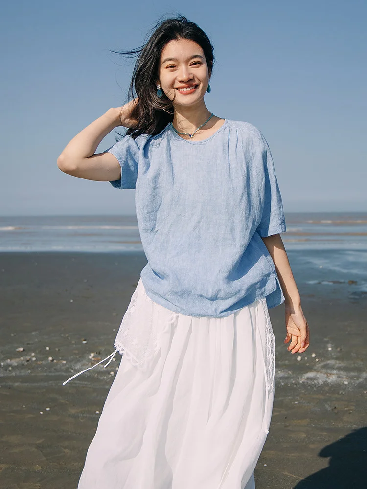 

Женская летняя футболка из чистого льна с жатой текстурой, серия Blue, с коротким рукавом, для повседневной носки, в художественном стиле