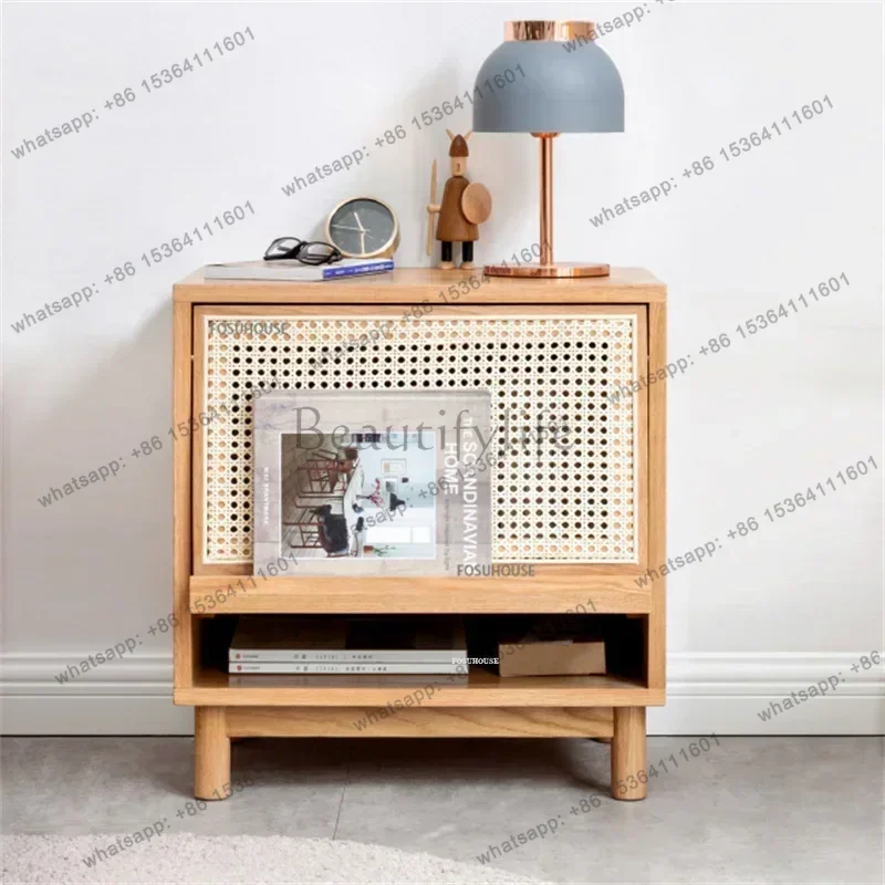 LSJapan Wooden Rattan Coffee Table for Living Room Furniture Sofa Side Cabinet Minimalist Clamshell Design Bedside Table