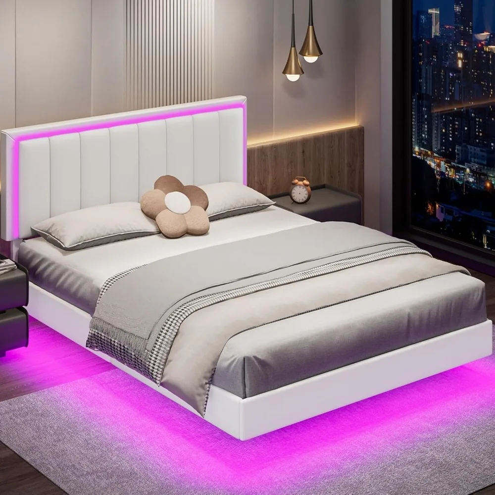 Cadre de lit flottant Queen avec lumière LED, cadre de lit Queen rembourré avec tête de lit, Support à lattes en bois massif, sans sommier tapissier Nee