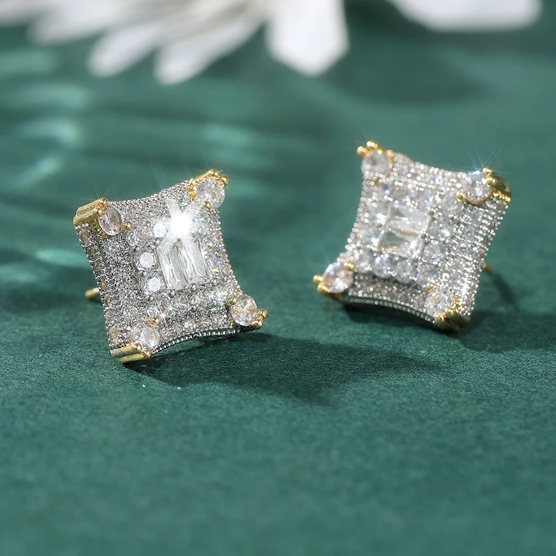Fashion Hip Hop Square Zircon Shining Stud Earring Iced Out Metal Gold Color Earrings For Women Men Jewelry Accessory