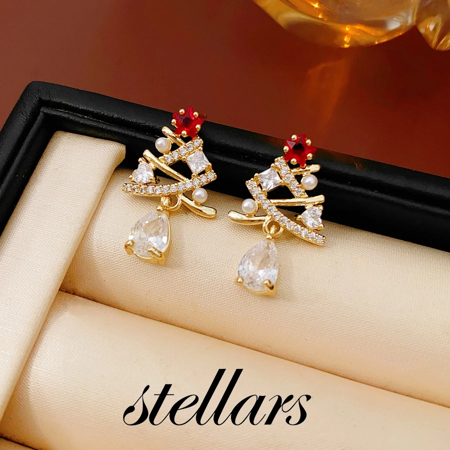 

Silver Needle Zircon Christmas Tree Faux Pearl Stud Earrings Unique Asymmetrical Design Christmas New Holiday Gift