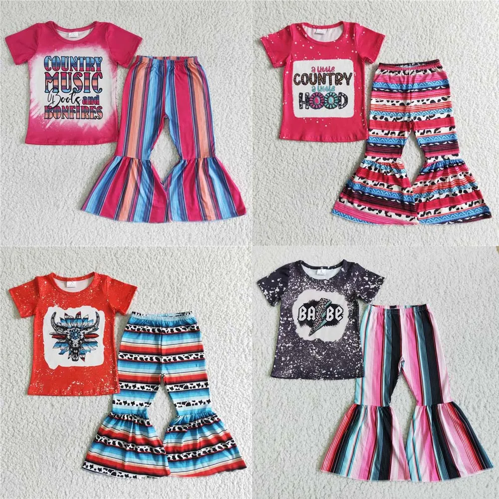 

Wholesale Summer Girls Short Sleeve Top Striped Flared Pants Set Western Boutique Outfits For Baby Girls Clothes kids set