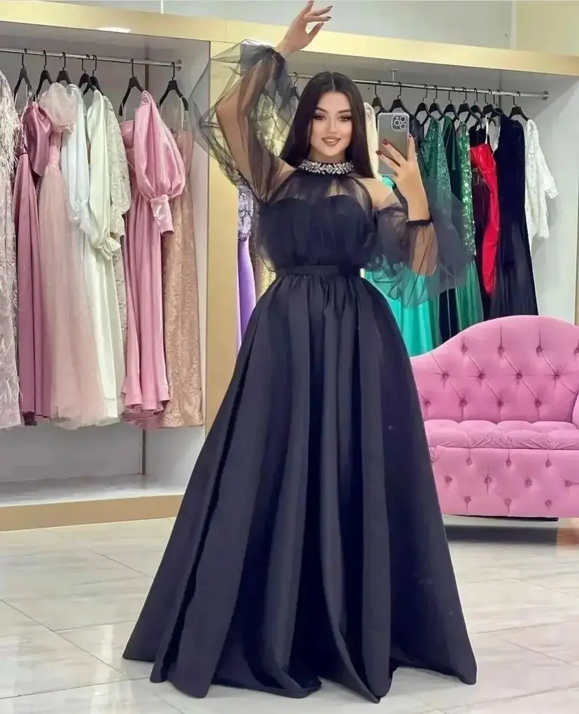 Vestidos de graduación de cristal para mujer, ropa de fiesta de noche de cuello alto, mangas largas desmontables, color negro, 2023