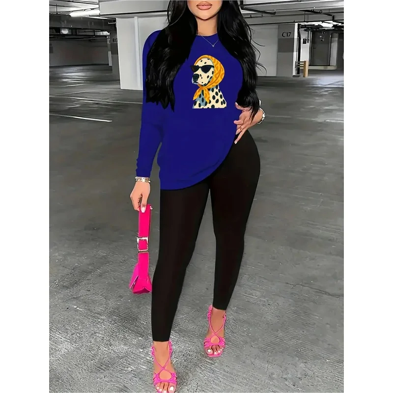 Women's Autumn Fashion Animal Print Sweatshirt Top with Long Sleeves And Elastic Waist Solid Color Pants Set round Neck Design