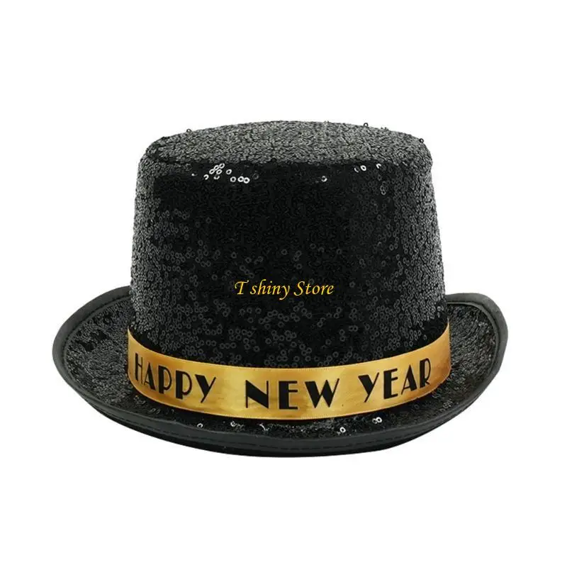 N58F New Years Sequins Hat Alphabets Ribbon Decoration Hat Solid Color Beautiful Hat for Various Ages And Fashion Styles