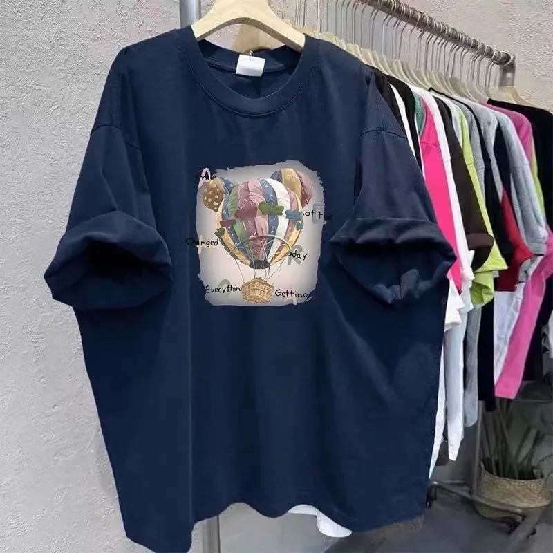 Women Oversize Hot Air Balloon Print Pure Cotton Short Sleeve T Shirt Loose Belly Cover Casual Summer Tees