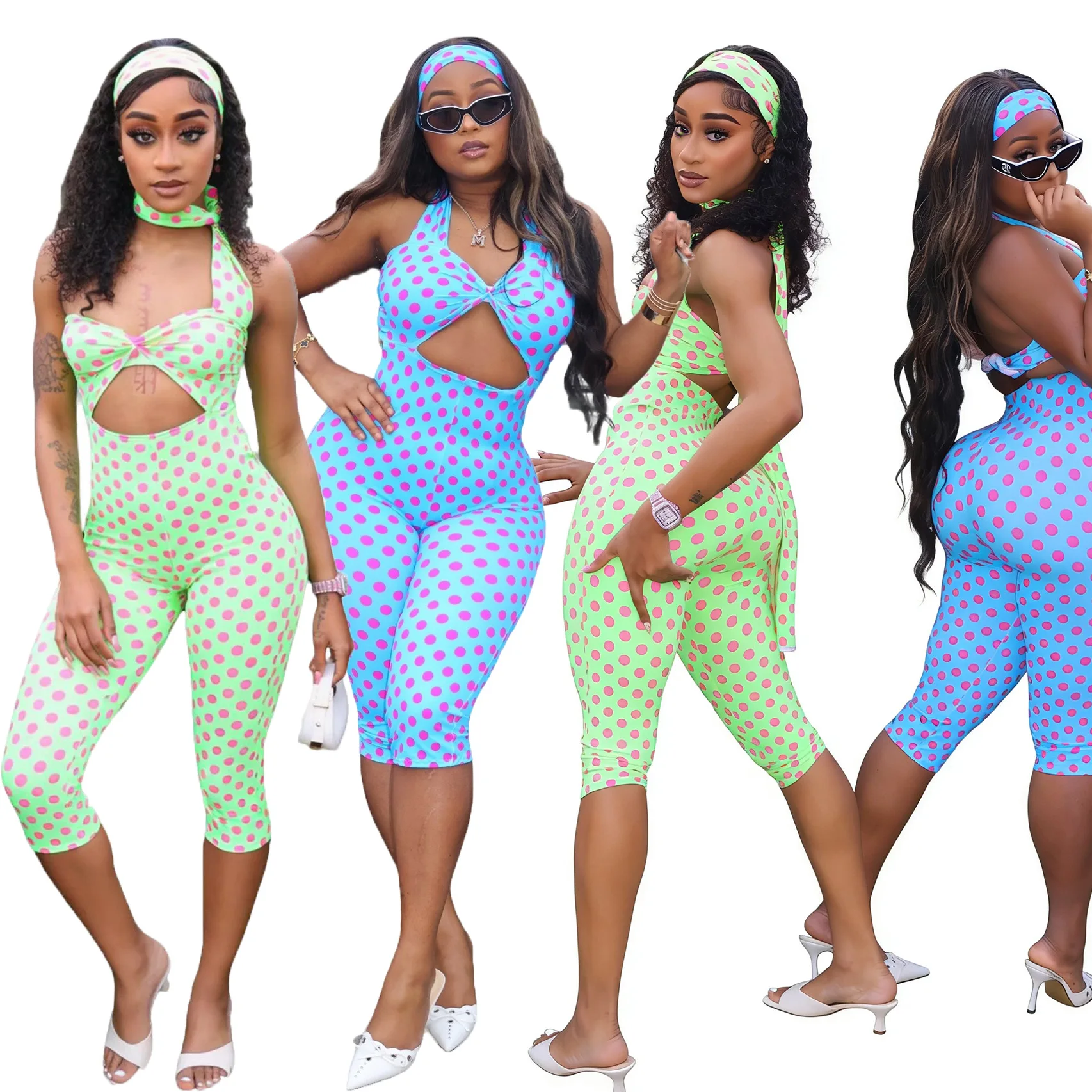 New European and American Fashion Polka Dot Tie-Up Halter Neck Backless Women's Jumpsuit