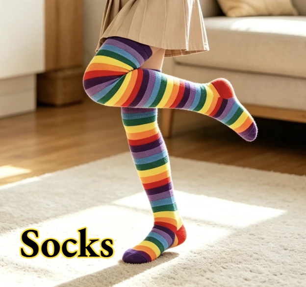 Kids Rainbow Striped Over Knee Thigh High Socks Long Fingerless Gloves Set Carnival Halloween Party Accessory Y2K Dress Up Kit