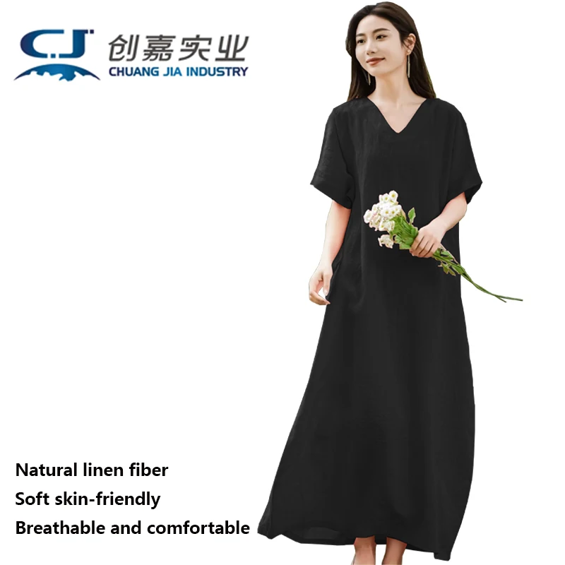

Pure Linen Women Short-sleeved Dress Ginger V-neck Pullover Long Simple Dress Loose Size 2XL Fat Girl 100KG Absorbent Breathable