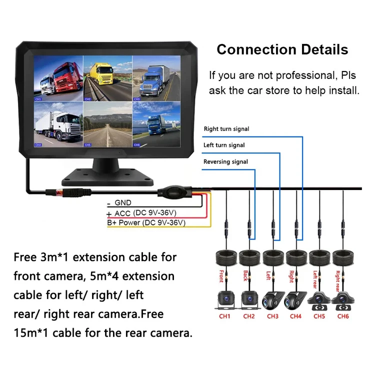 6CH 10.1 Inch Touch Screen Car/RV/Bus/Truck AHD  System Vehicle CCTV Camera HD Night Vision Reversing Parking Recorder