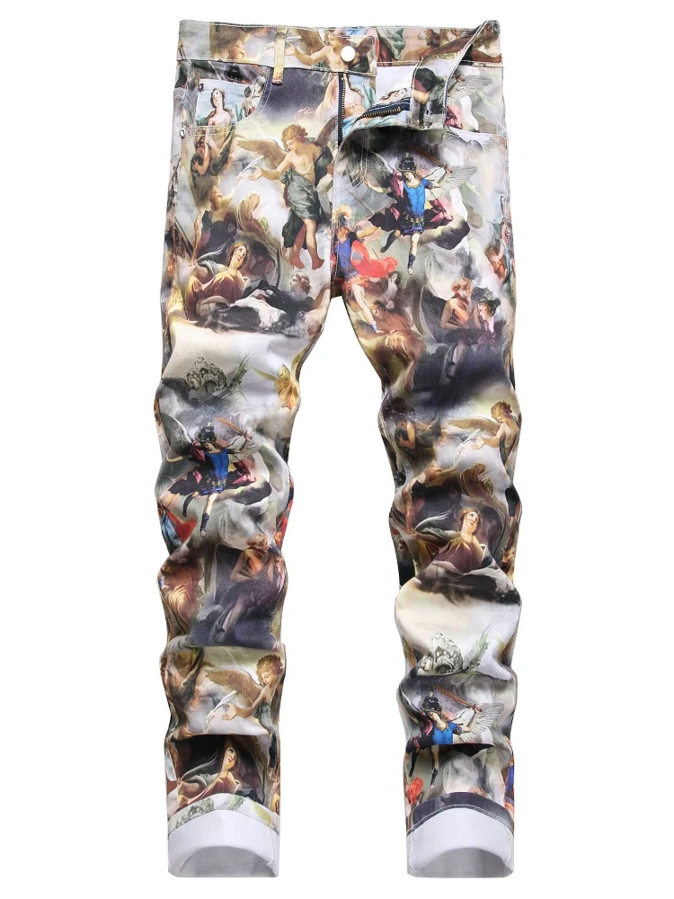 الدنيم سروال شكل قلم رصاص الرجال طباعة الجينز غسلها منتصف الخصر جيوب خمر الدينيم المستقيم 2024 الشارع الشهير الكاحل طول بنطلون #5