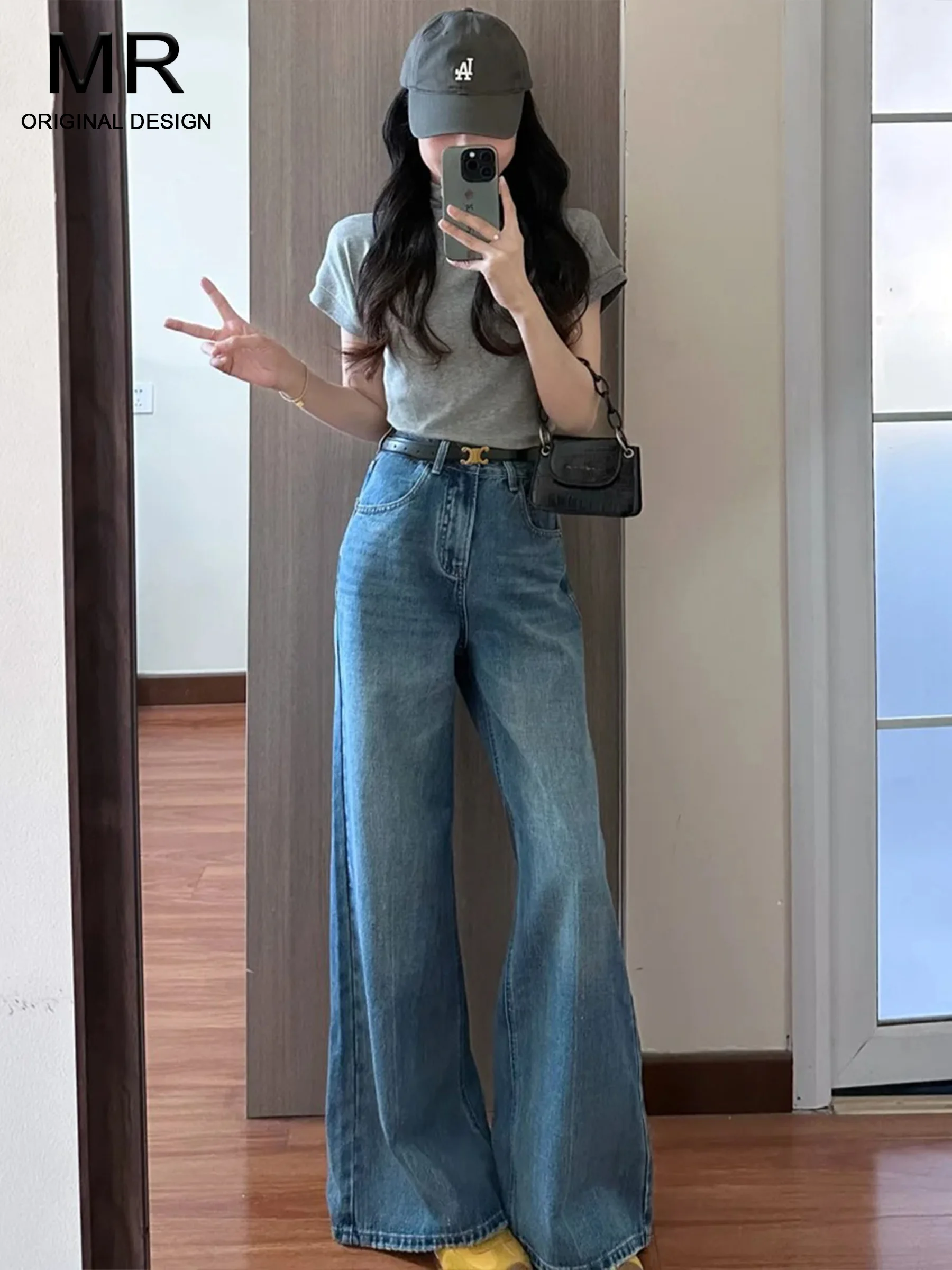 

Американские джинсы-клеш с высокой талией для женщин, летние, новые, свободные, удлиненные, стройнящие, повседневные, удобные, из денима