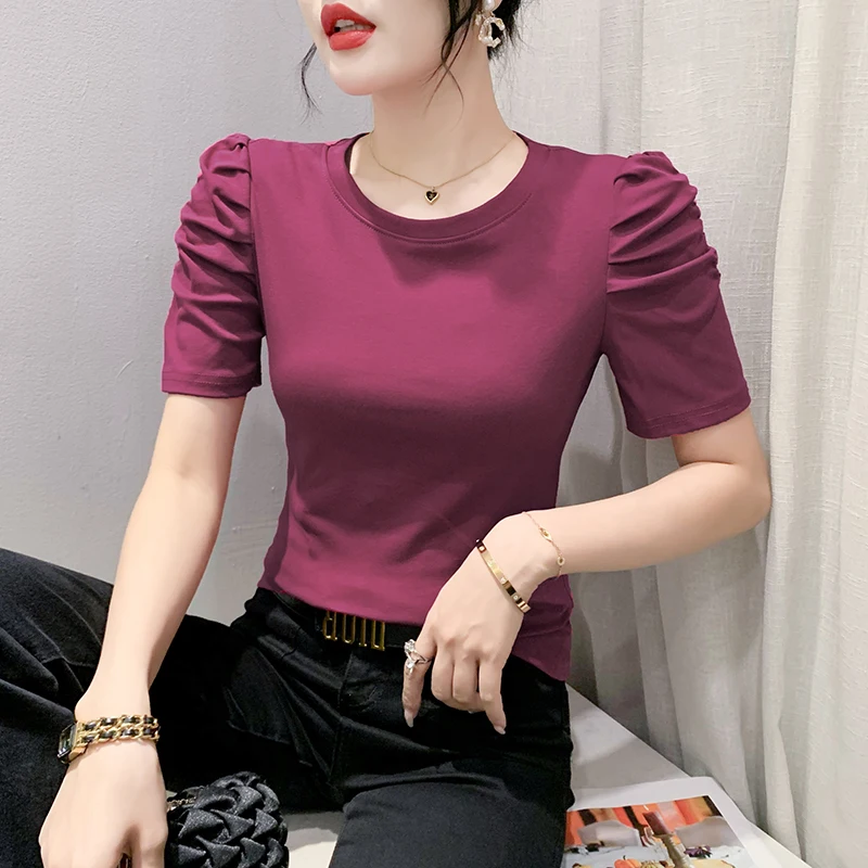 Black Summer Korean Style Cotton T-Shirt Fashion Sexy Draped Solid Elegant Women Tops Puff Sleeve All Match Tees 2024 New 43127