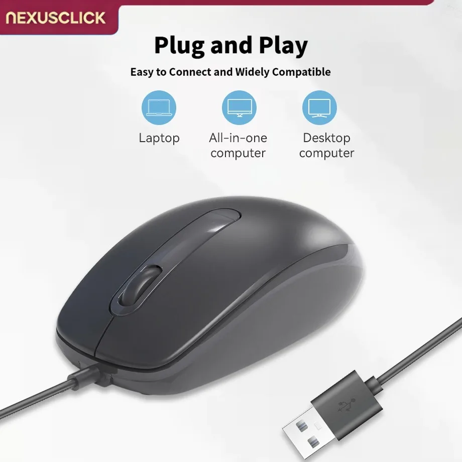 NexusClick Ergonomic Wired Silent Mouse,5 Million Click Lifespan 1200 DPI Quiet Plug and Play Durable Office Computer Mice