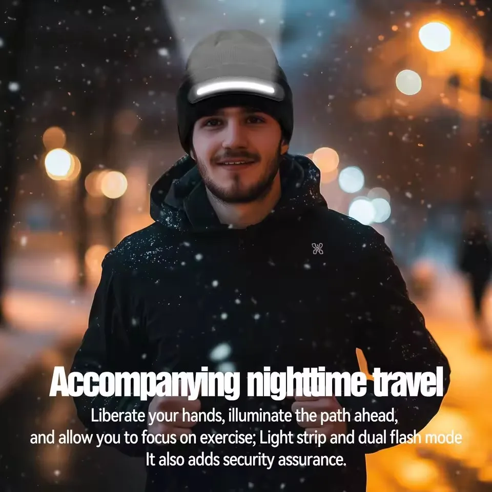 LED مضاءة قبعة صغيرة نطاق الليل USB قابلة للشحن السوبر مشرق شتاء دافئ محبوك قبعة للرجال أبي الزوج Fathe #4