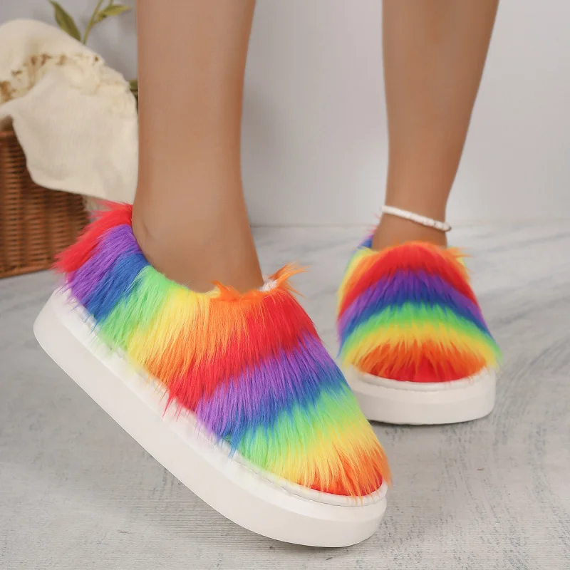 Pantoufles d'hiver en peluche et fourrure, pantoufles en coton dégradé de teinture par nouage, pantoufles d'intérieur chaudes et antidérapantes pour la maison