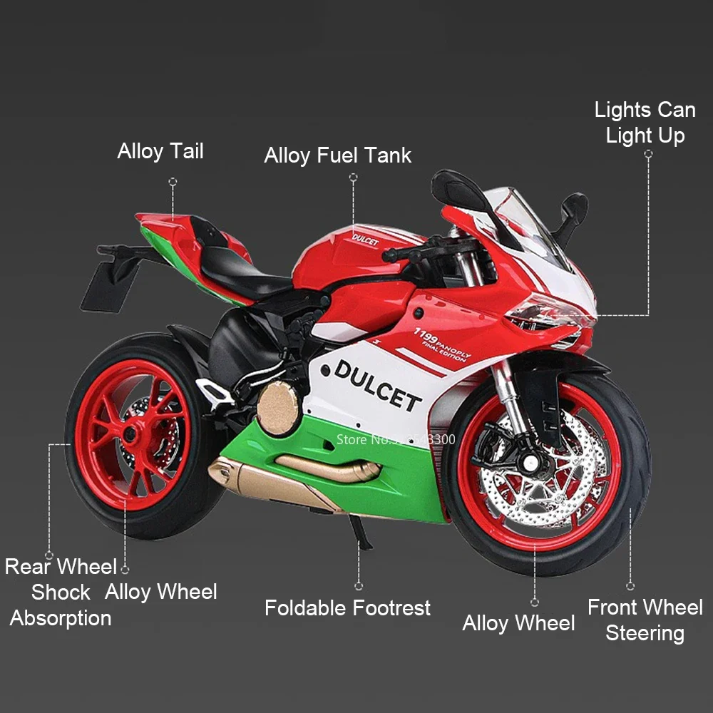 Model motocykla 1:12 1199 V4S, zabawka, samochód, muzyka, światła, amortyzacja, metalowy odlew, układ kierowniczy, kolekcja, prezenty