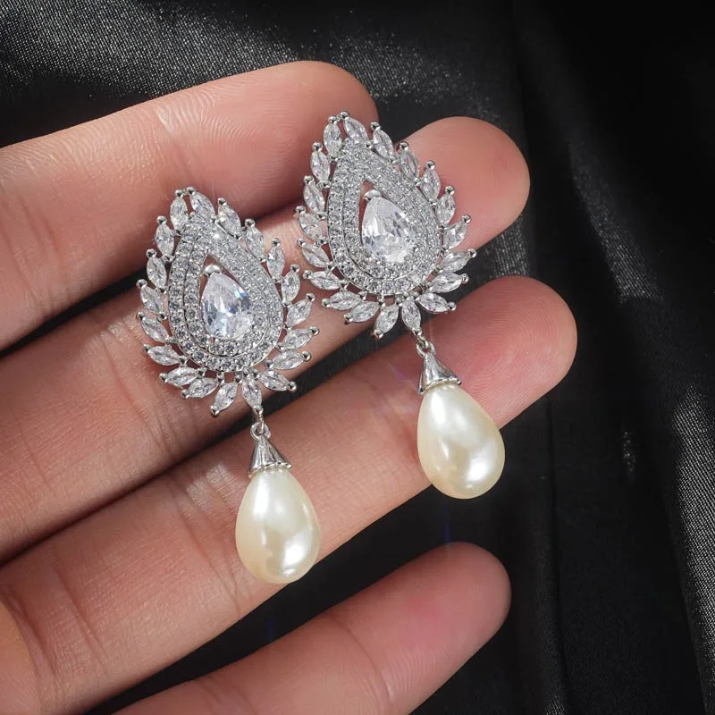 Luxury Temperament Women\'s Imitation Pearl Earrings Full Paved Bling White CZ Stone New Fashion Wedding Jewelry Birthday Gifts