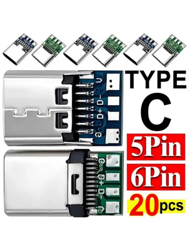 20/10/1 szt. Złącze USB 3.1 Typ C 5/6 Pinów Żeńskie/Męskie Gniazdo Adapter do Lutowania Przewodów Obsługa Płytek PCB Hurt — 2