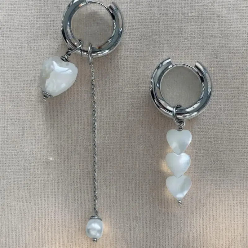 1Pair Retro New Trendy Geometric Stereo Heart-Shaped Earrings For Women Asymmetrical Imitation Pearl Earrings Punk Jewelry