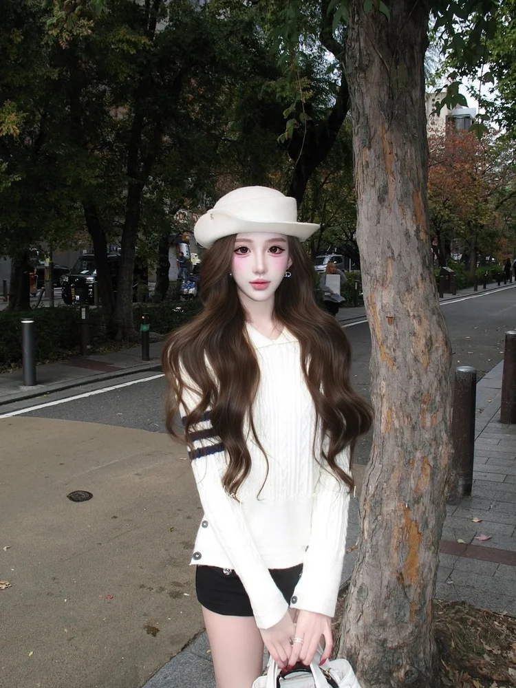 

Korean Style Collar Knitted Top Women's Slim Fit Waist Cinching Inner Wear Base Shirt Casual Soft Cotton Long Sleeve