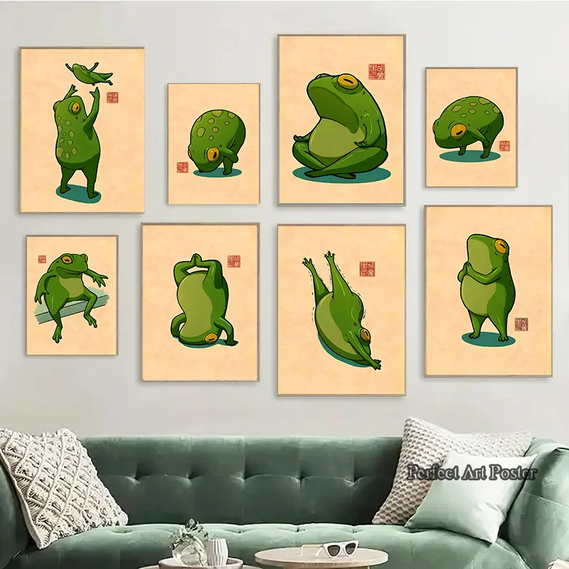 Funny Cute Frogs Meme Poster Exercise Frog Meditation Print Canvas Painting Wall Art Photo for Modern Home Kawaii Room Decor