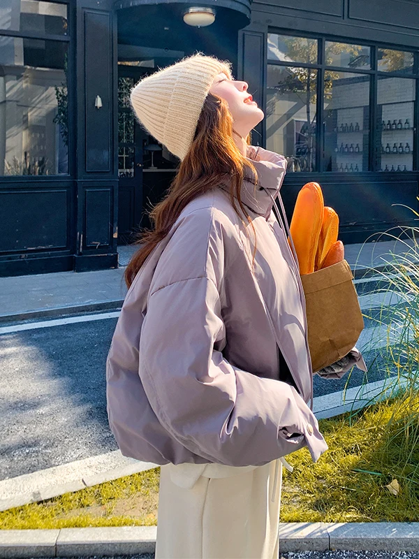 멋진 퍼플 디스트링 스탠드 칼라 여성용 다운 재킷 겨울 따뜻한 외투 캐주얼 루즈핏 폴리에스터 섬유