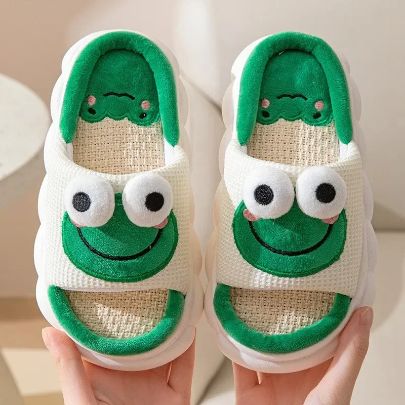 2024 Cute Cartoon Frog Linen Slippers Universal Indoor Home Four Seasons Non-slip Cotton Linen Sandals