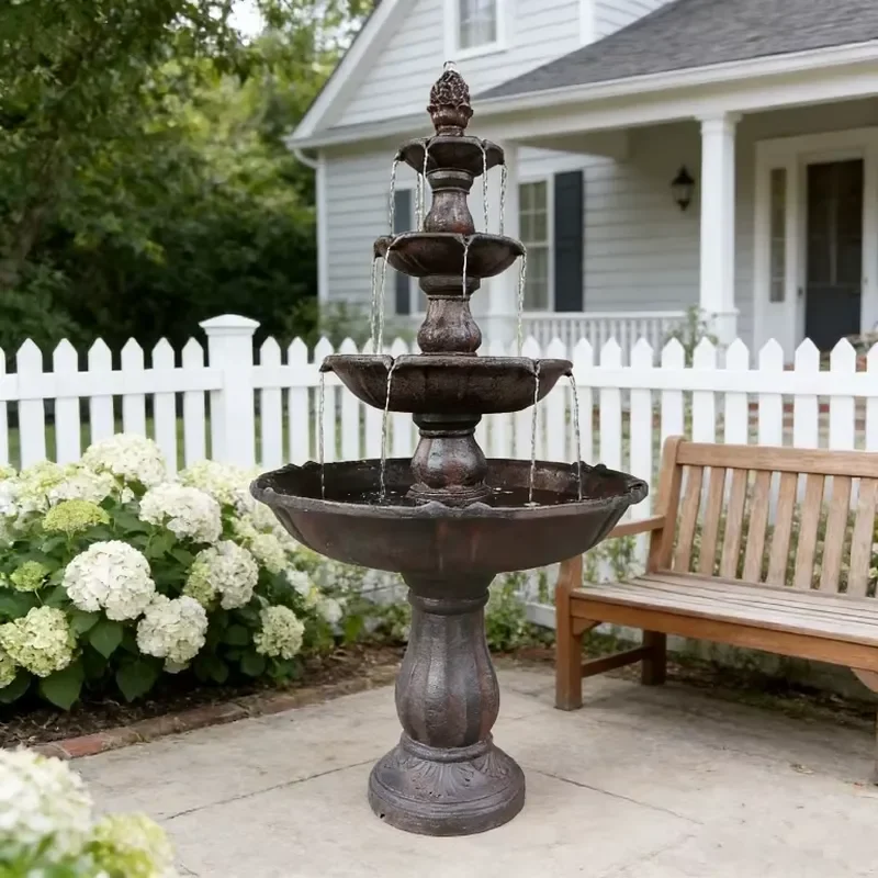 Antique Style Outdoor Garden 4 Tier Fiber Resin LED Water Fountain