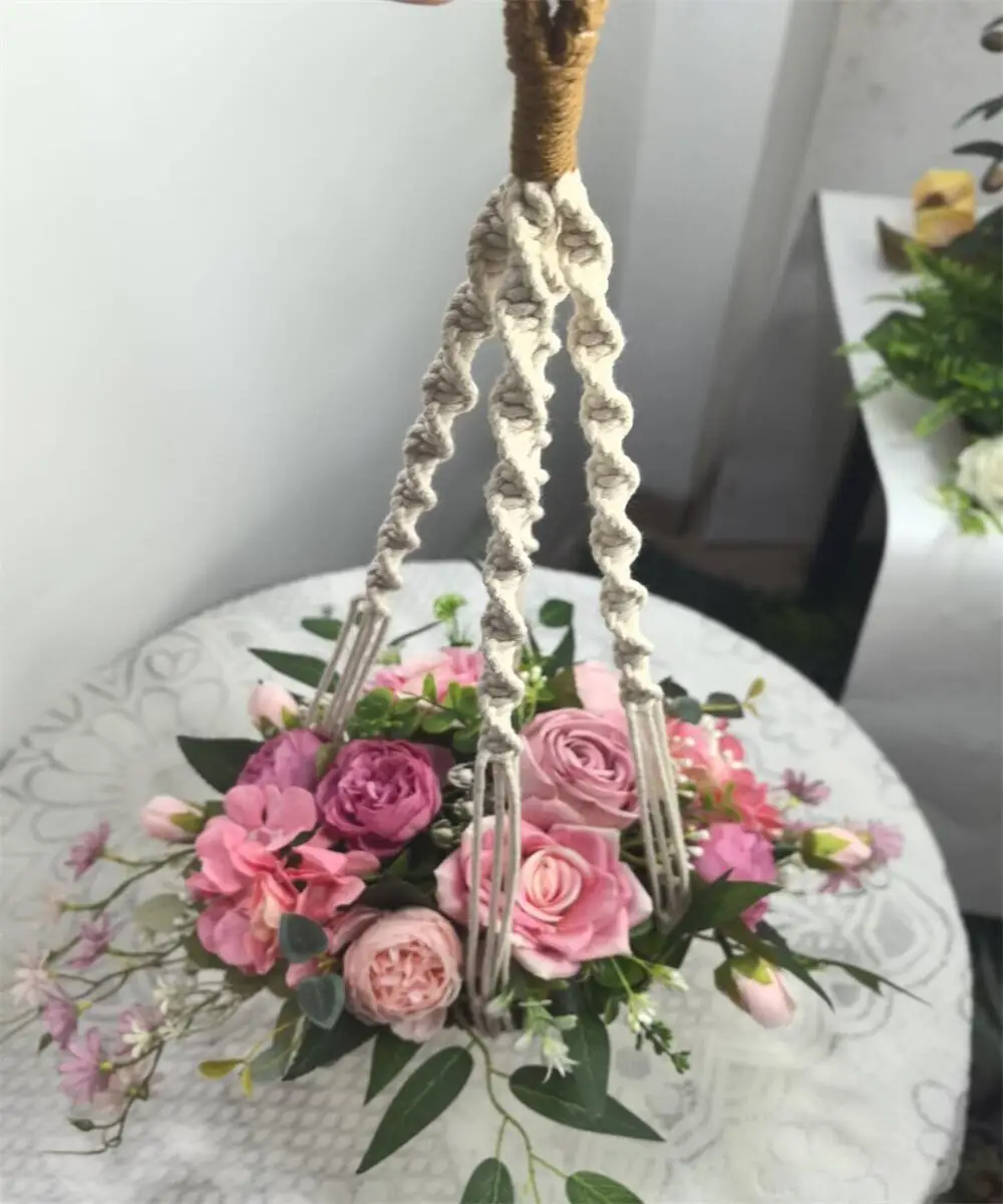 

Balcony Ceiling Decoration Artificial Rose Lily Artificial Flower Potted Home Decoration Handmade Hemp Rope Hanging Potted Plant