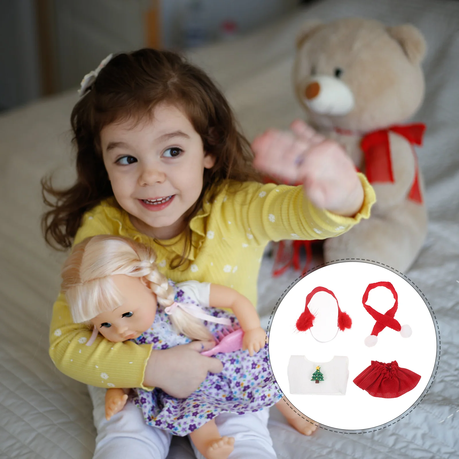 1セット1着の衣類パック、1歳、2歳、3歳用、赤いサンタスカート、ニットセーター、イヤーマフ、スカーフ、冬の衣装、ごっこ遊び、ホリデー用