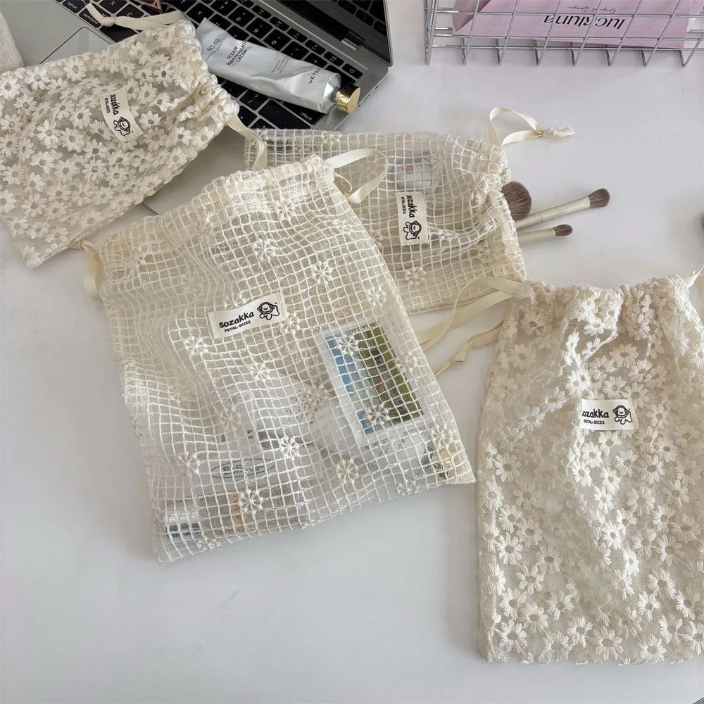 Lace Embroidered Daisy Mesh Drawstring Makeup Bag Summer Travel Toiletry Underwear Socks Organizer Storage Pouch for Accessories view 3