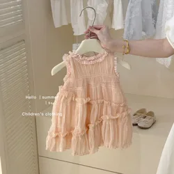 Children Girls Dress Summer Korean Sleeveless Solid Color Lace Round Collar Muslin A Line Toddler Girls Dress Baby Girls Dress