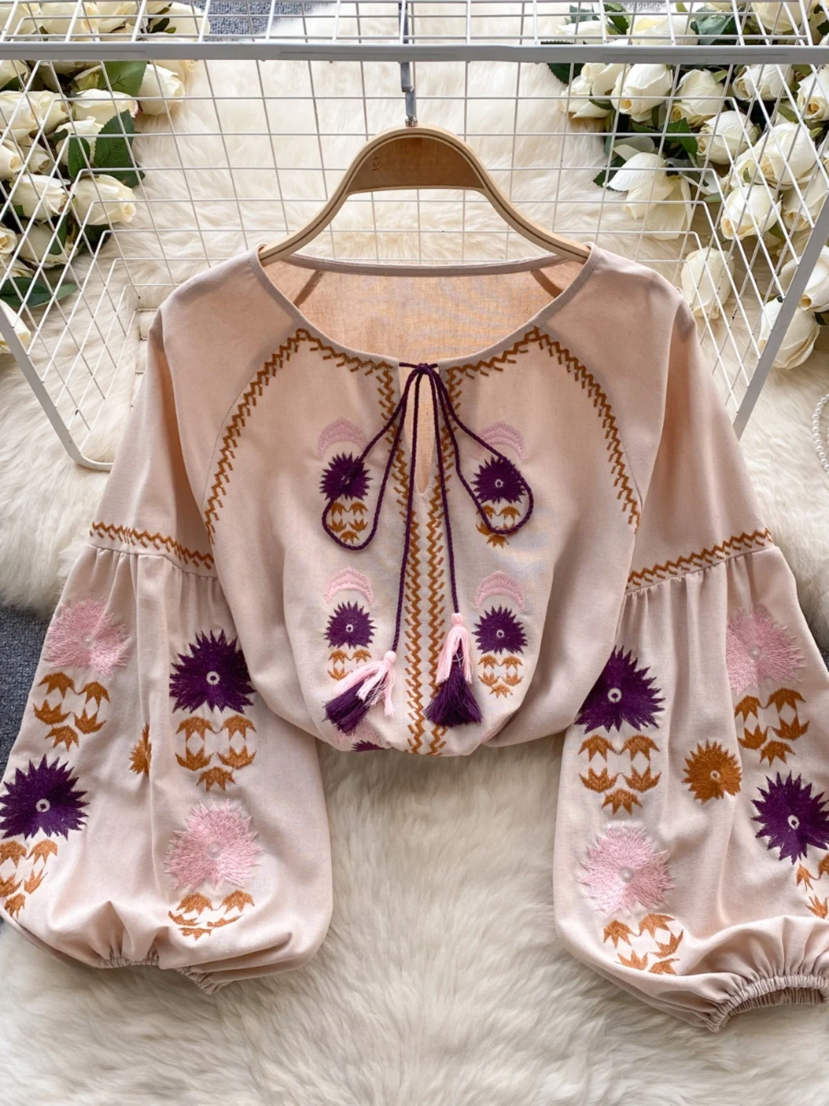Retro Ethnic Long Sve Embroidered Heavy Work Loose Slimming irt Korean Sle Commute Faion Holiday Travel Top Women