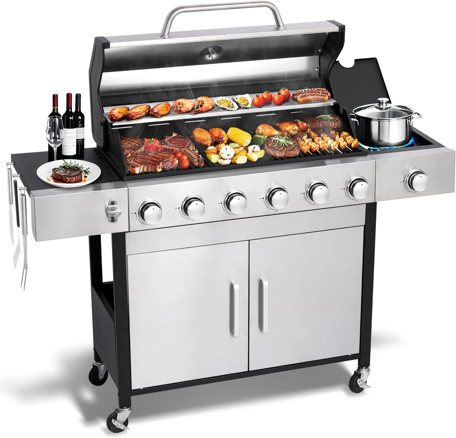 

Propane Gas BBQ Grill with Side Burner - 65850 BTU Total Output Stainless Steel Grills with Enameled Cast Iron Grill for Outdoo