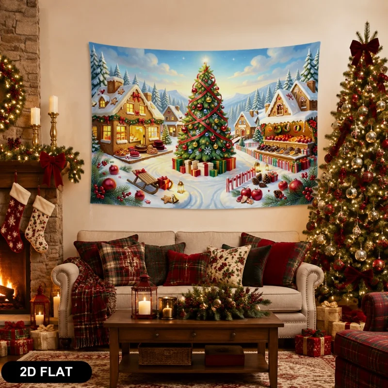 2D Flat,1pc Printed Tapestry, Christmas Gingerbread House Village Pattern, Holiday Wall Decor, for Living Room,Bedroom,Dorm