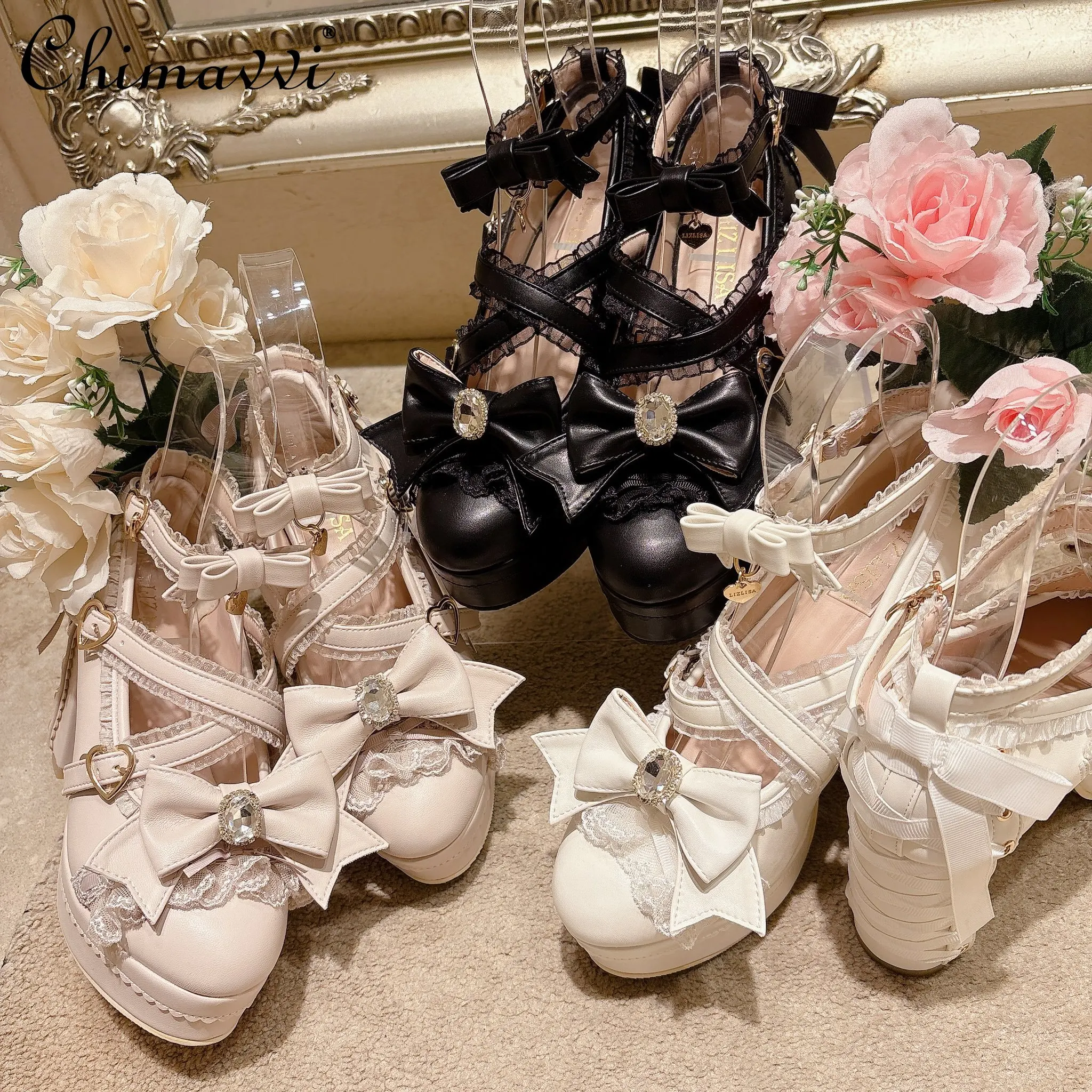 

Japanese Liz Lolita Mine Mass-produced Cute Bow Lace High-heeled Platform Shoes Spring Elegant Mary Jane Shoes Women Pumps