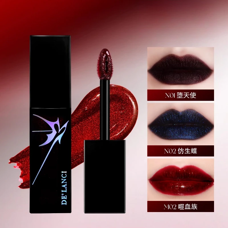 DE'LANCI Fine Flash Shimmer Dark Gothic Punk Smoky Lip Mud Red Blue Mirror Lip Gloss High Colors Lip Makeup Large Capacity