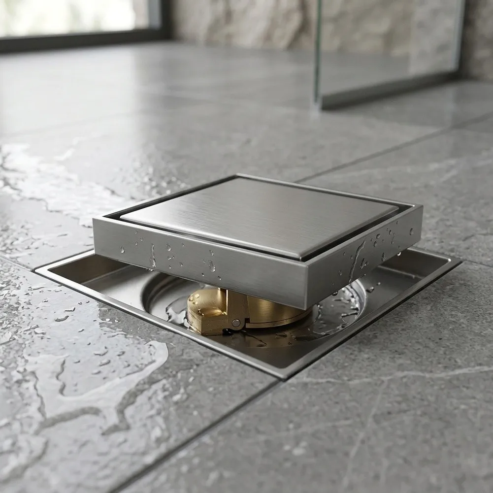 Modern Stainless Steel Floor Drain Square 10x10cm for Shower Bathroom Kitchen Wet with Hair Strainer Brushed Nickel