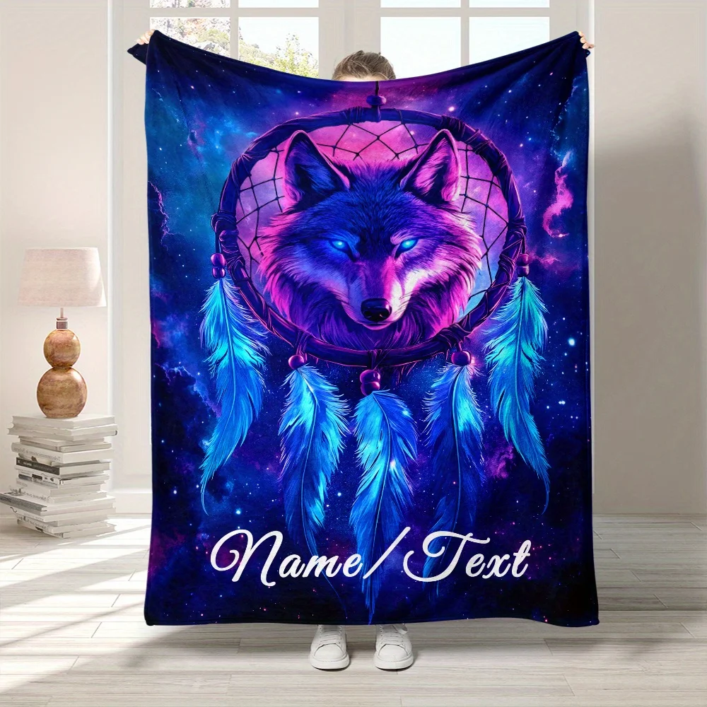 1pc Custom Name Blanket Mystical Wolf Dreamcatcher Design with Cosmic Starry Background Soft Flannel for Sofa Bed Travel Camping
