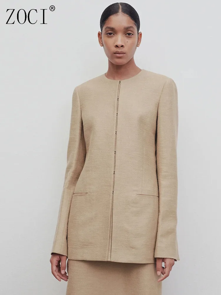 

ZOCI Fashion Women's Blazer Casual Design Small Niche Cotton Linen Suit Collarless Long Sleeve Office Lady 2025 Spring New