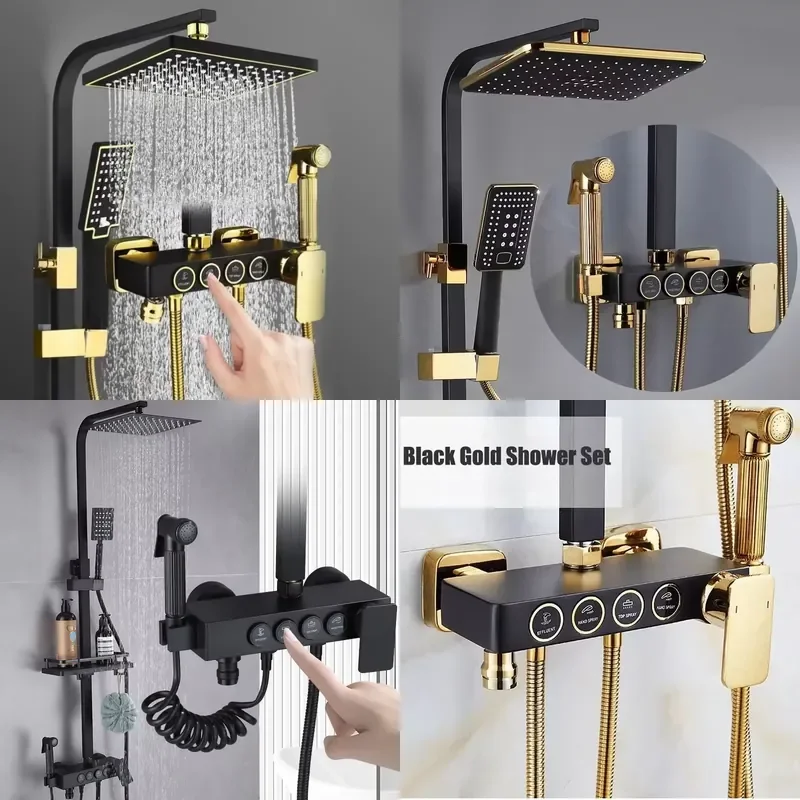 4 Function Piano Rainfall Thermostatic Shower Set Brass Body Bathroom Shower Faucet System