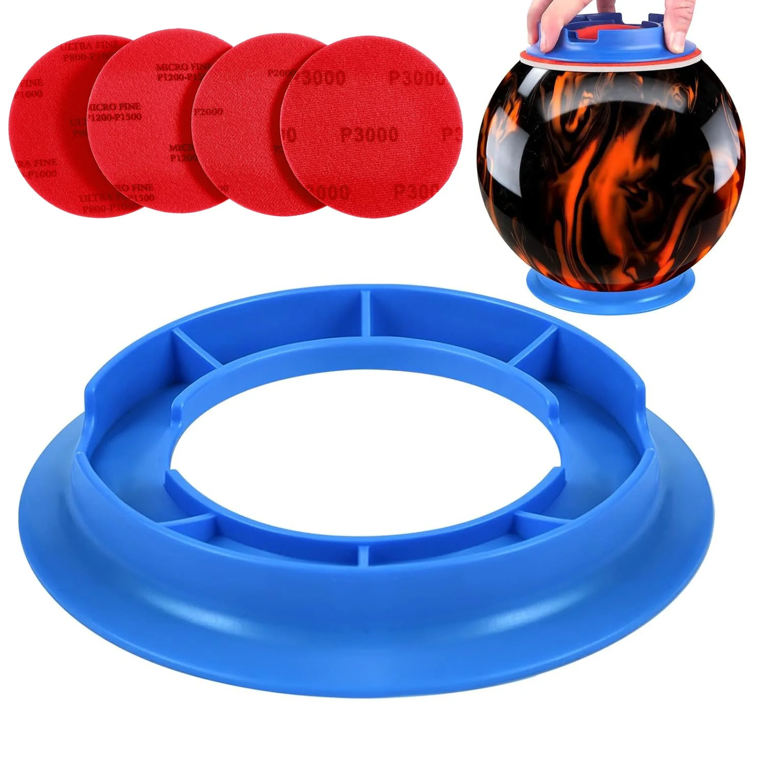 

Bowling Ball Sanding Pad Holder | 5Inch 800/1200/2000/3000 Grit Pads | Ideal for Surface Upkeep, Cleaning, Polishing and Display