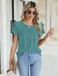 Casual Women Blouse Female Solid Short Sleeve Splicing Shirt Summer Beach Thin Blouses Elegant Office Work Loose Top 2024 Blusa