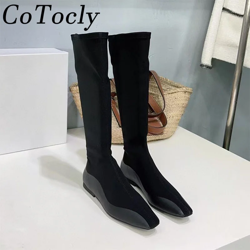 المبيعات الساخنة أحذية الركبة عالية النساء ساحة تو الانزلاق على تمتد أحذية امرأة المدرج أحذية سوداء الراحة شقة أحذية طويلة امرأة