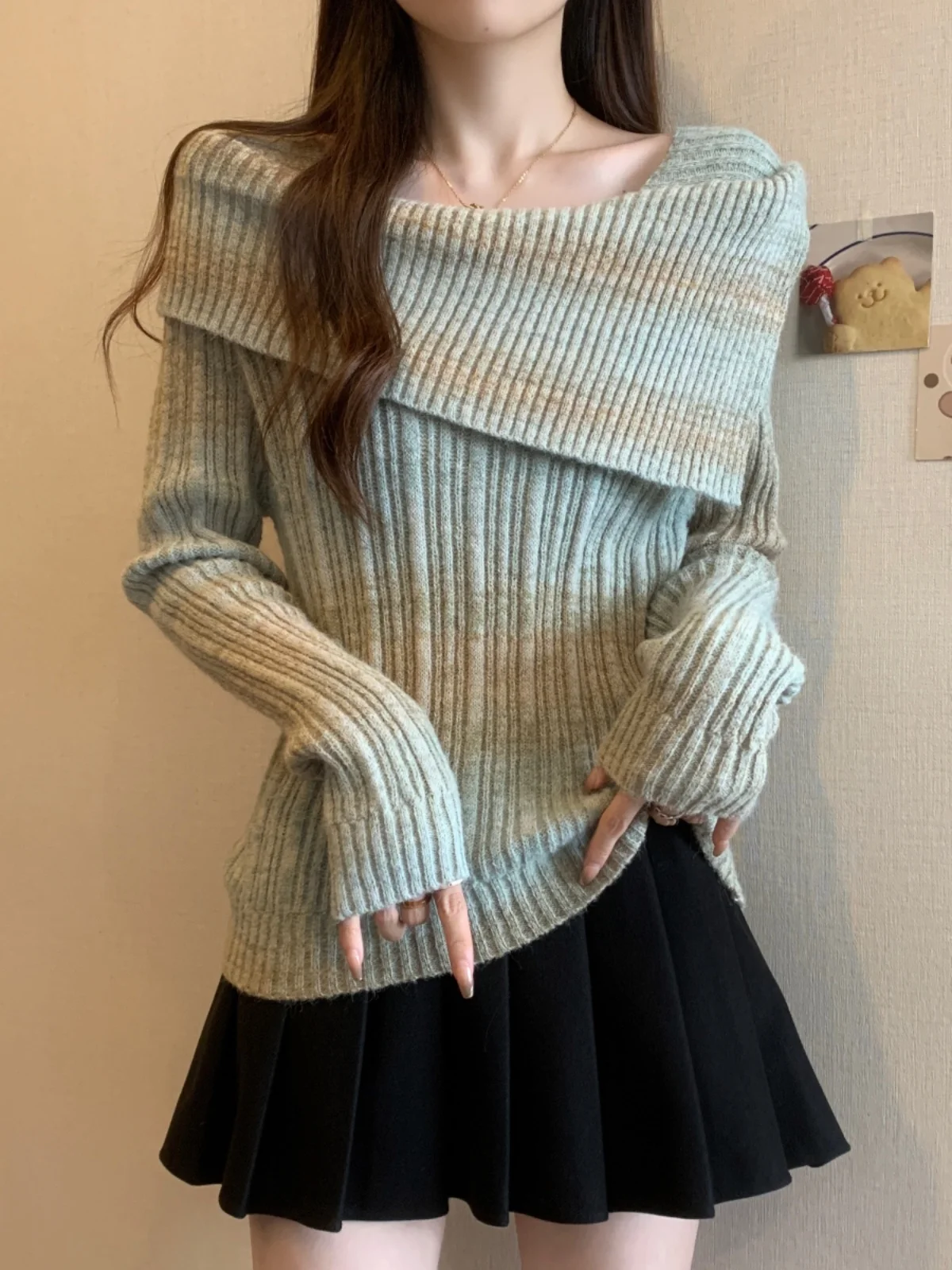 

plus Size adient Color Stripes One oulder Women's Knitted Sweater Slim Fit Boting T-irt Princ Sle Long Sve