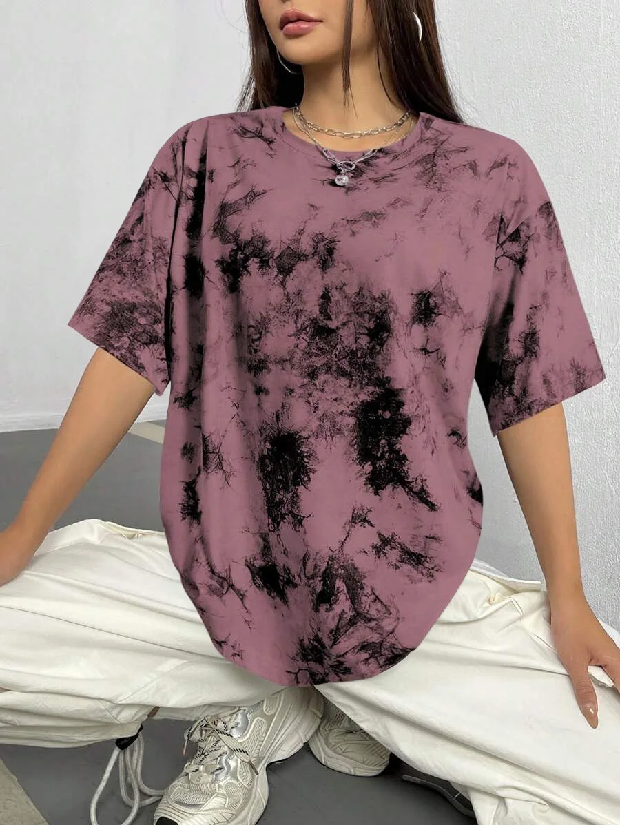 Women Marble Print Oversized T-Shirt Round Neck Short Sleeve Loose Casual Drop Shoulder Tee Summer Streetwear Ladies Basic Tops